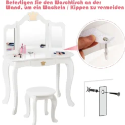 2 in 1 Frisiertisch Set Kinder Schminktisch Mädchen Frisiertisch Holz Spiegeltisch Weiß 80x42x105cm