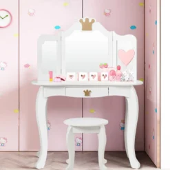 2 in 1 Frisiertisch Set Kinder Schminktisch Mädchen Frisiertisch Holz Spiegeltisch Weiß 80x42x105cm