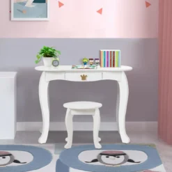2 in 1 Frisiertisch Set Kinder Schminktisch Mädchen Frisiertisch Holz Spiegeltisch Weiß 80x42x105cm