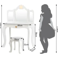 2 in 1 Frisiertisch Set Kinder Schminktisch Mädchen Frisiertisch Holz Spiegeltisch Weiß 80x42x105cm
