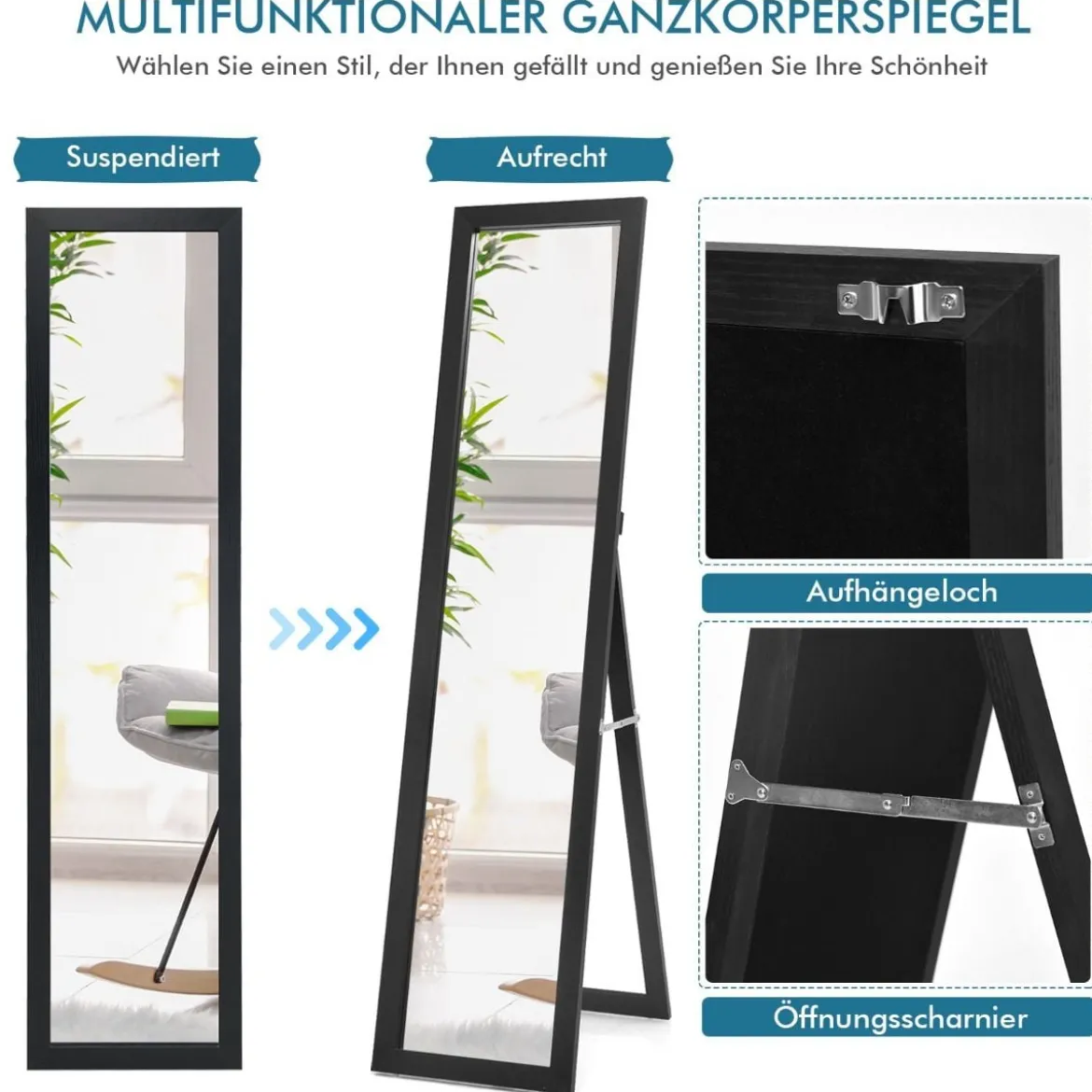 2 in 1 Ganzkörper-Spiegel Ganzkörperspiegel mit Holzrahmen 37 x 155 cm schwarz