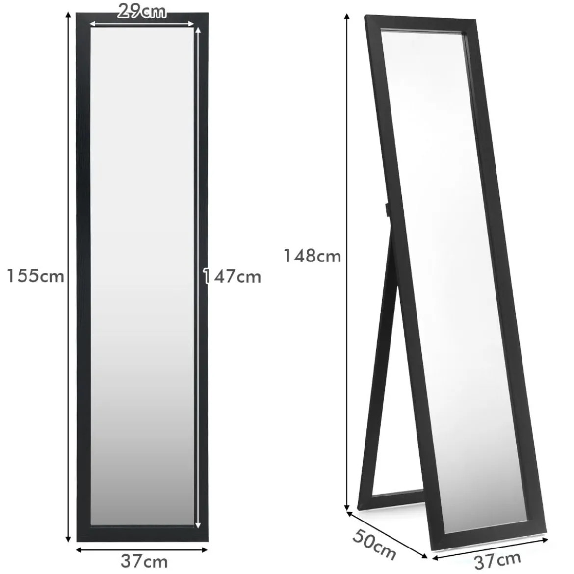 2 in 1 Ganzkörper-Spiegel Ganzkörperspiegel mit Holzrahmen 37 x 155 cm schwarz