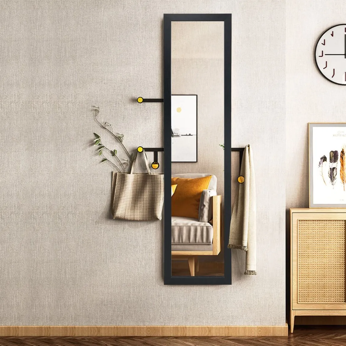 2 in 1 Ganzkörper-Spiegel Ganzkörperspiegel mit Holzrahmen 37 x 155 cm schwarz