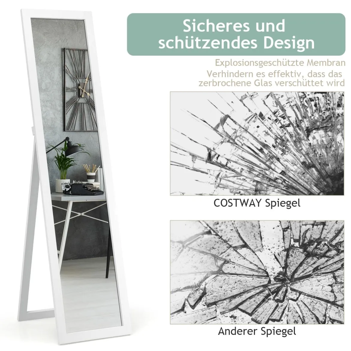 2 in 1 Ganzkörper-Spiegel Ganzkörperspiegel mit Holzrahmen 37 x 155 cm Weiß