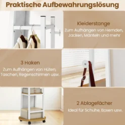 2 in 1 Ganzkörperspiegel mit 3 Haken & Ablagefächern & Universalrädern Weiß