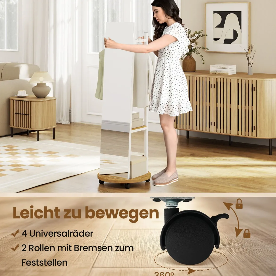 2 in 1 Ganzkörperspiegel mit 3 Haken & Ablagefächern & Universalrädern Weiß