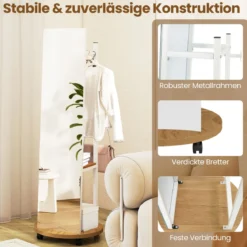 2 in 1 Ganzkörperspiegel mit 3 Haken & Ablagefächern & Universalrädern Weiß