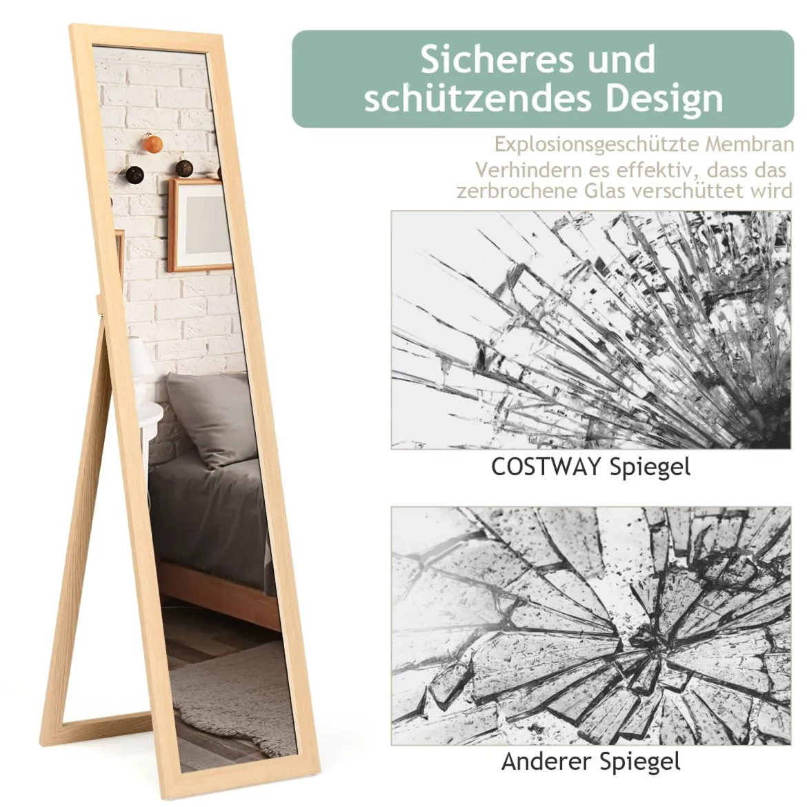 2 in 1 Ganzkörperspiegel Standspiegel und Wandspiegel mit Holzrahmen 37 x 155 cm Natur