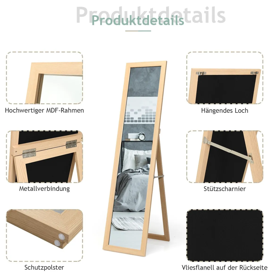2 in 1 Ganzkörperspiegel Standspiegel und Wandspiegel mit Holzrahmen 37 x 155 cm Natur
