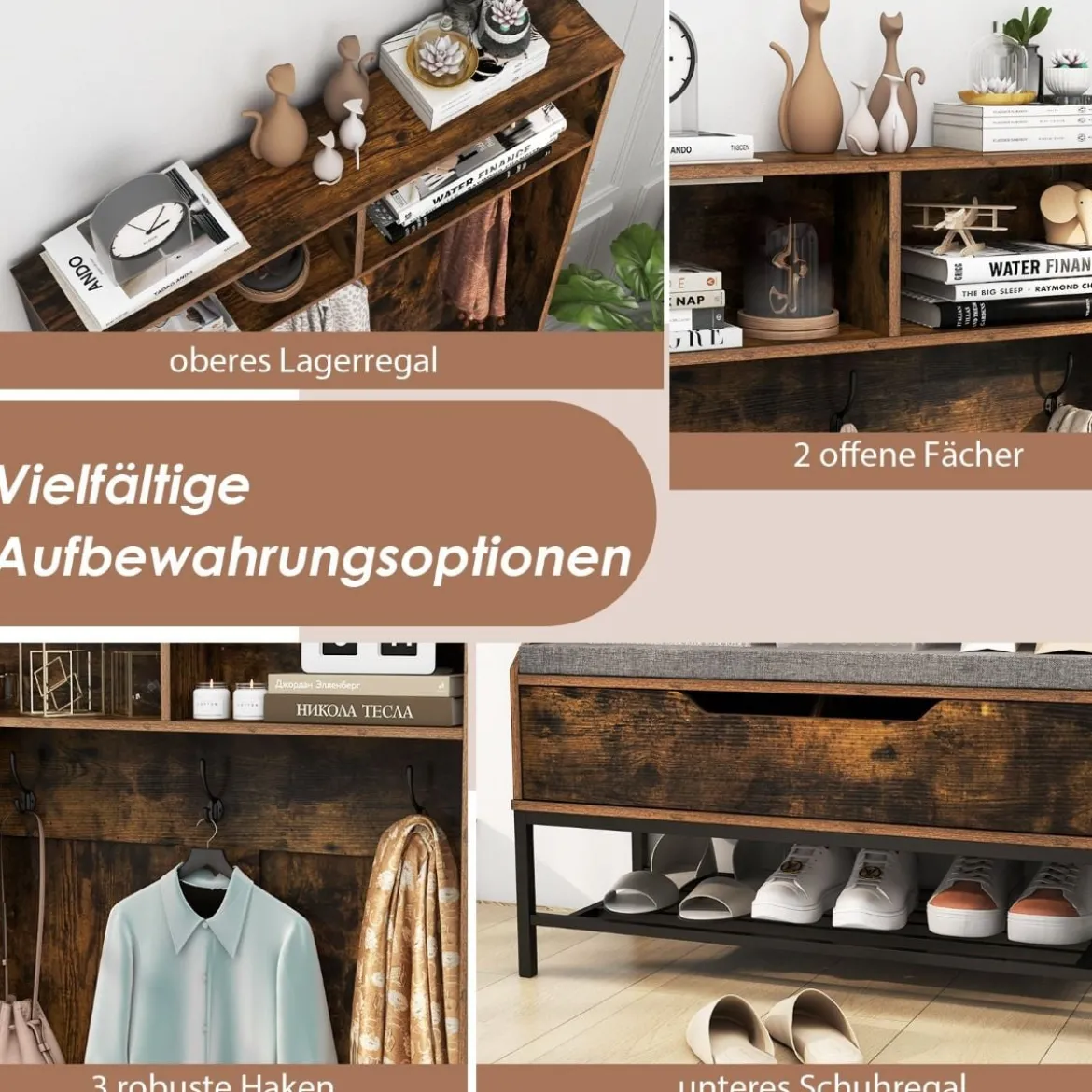 4 in 1 Garderobe mit Sitzbank & Schuhschrank & 3 Haken Garderobenständer Kleiderständer