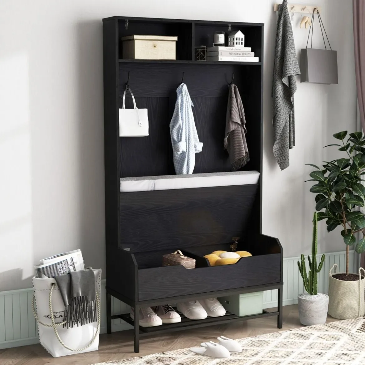 4 in 1 Garderobe mit Sitzbank & Schuhschrank & 3 Haken Garderobenständer Kleiderständer