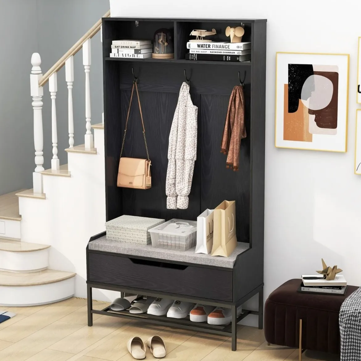 4 in 1 Garderobe mit Sitzbank & Schuhschrank & 3 Haken Garderobenständer Kleiderständer