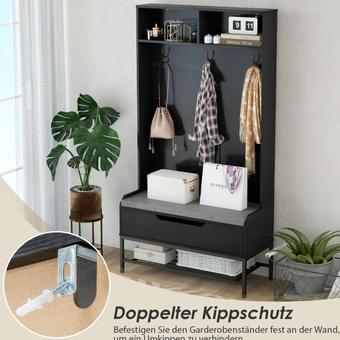 4 in 1 Garderobe mit Sitzbank & Schuhschrank & 3 Haken Garderobenständer Kleiderständer