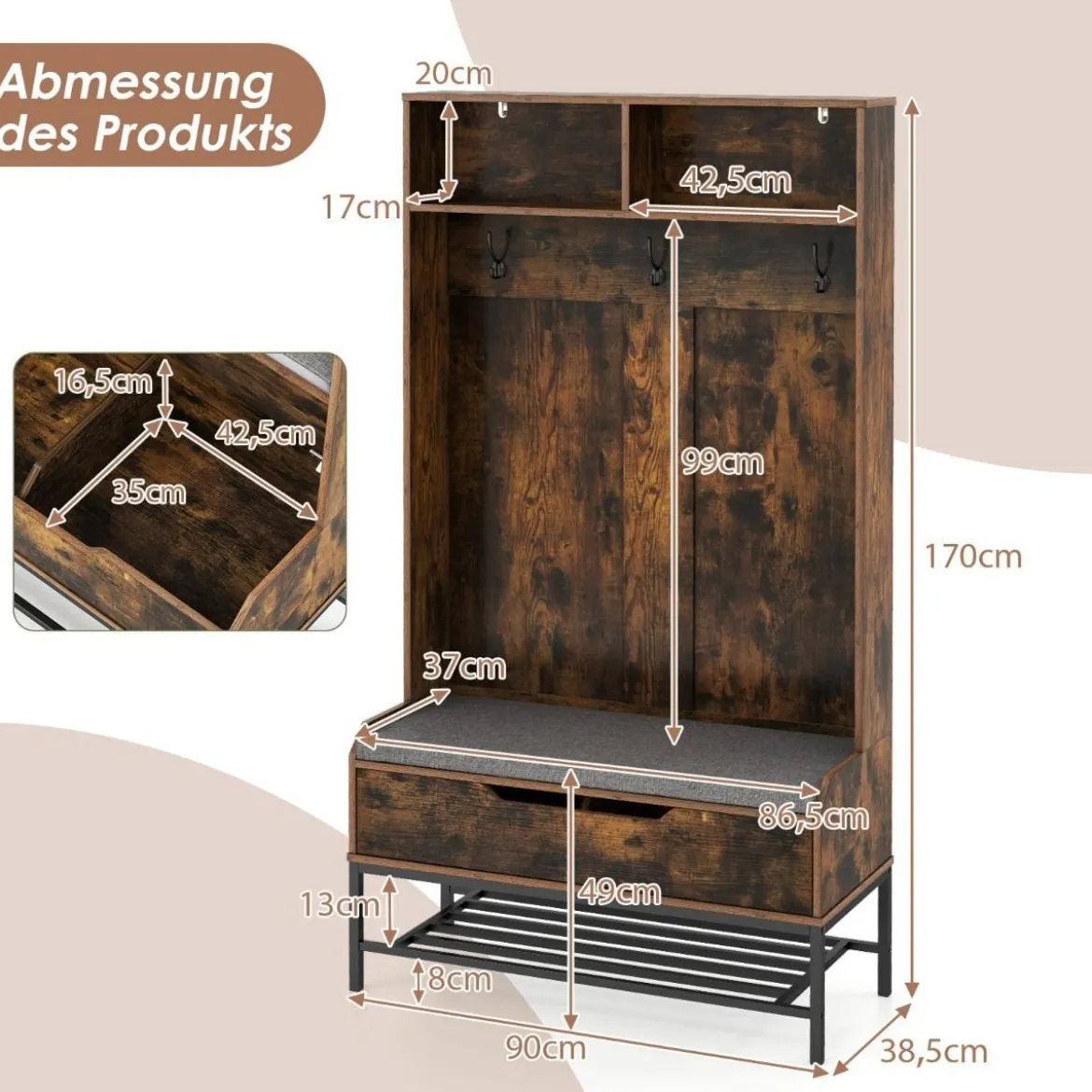 4 in 1 Garderobe mit Sitzbank & Schuhschrank & 3 Haken Garderobenständer Kleiderständer