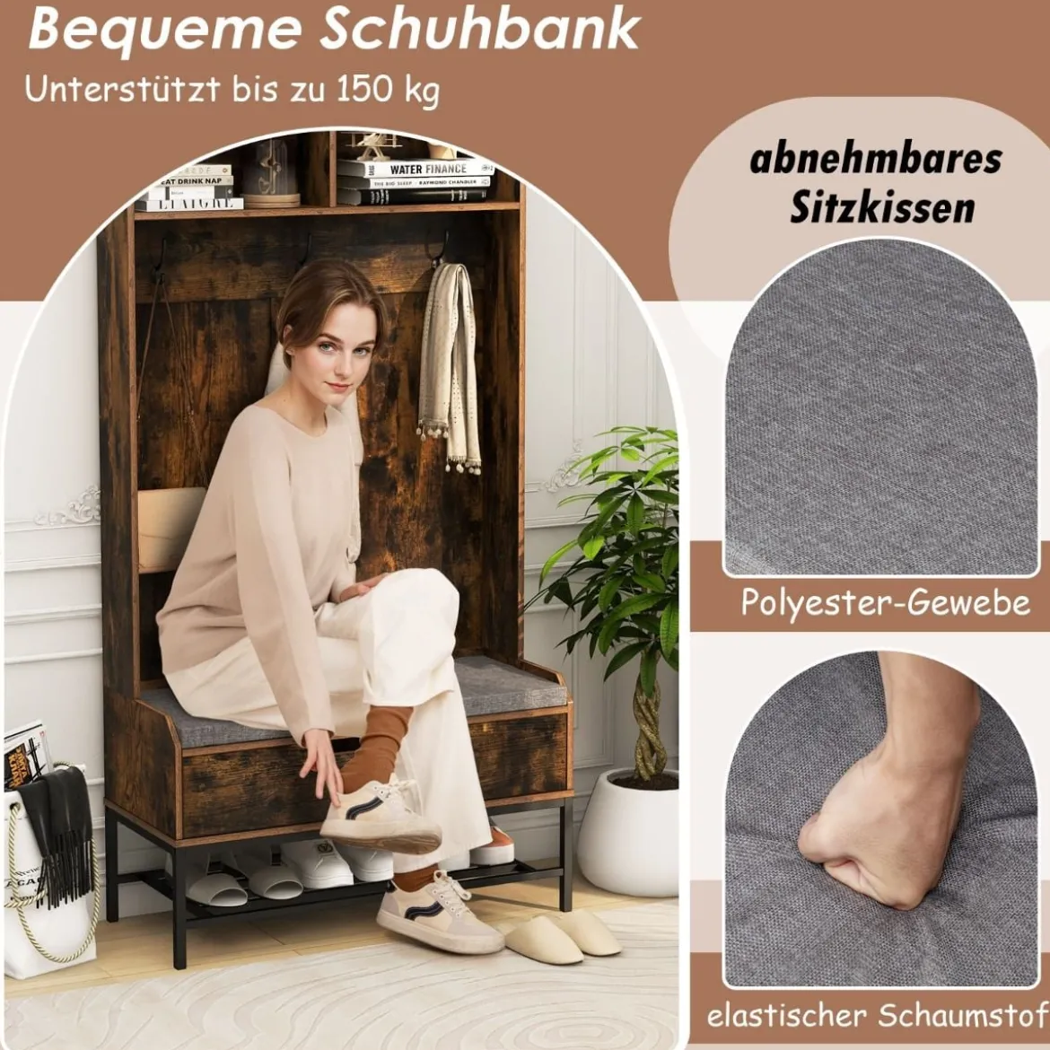 4 in 1 Garderobe mit Sitzbank & Schuhschrank & 3 Haken Garderobenständer Kleiderständer