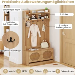 4-in-1 Garderobenbaum Eingangsbank mit Garderobe & Klappschubladen Bauernhaus-Aufbewahrungsorganizer Natur