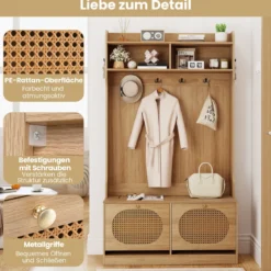 4-in-1 Garderobenbaum Eingangsbank mit Garderobe & Klappschubladen Bauernhaus-Aufbewahrungsorganizer Natur