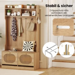 4-in-1 Garderobenbaum Eingangsbank mit Garderobe & Klappschubladen Bauernhaus-Aufbewahrungsorganizer Natur