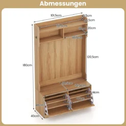4-in-1 Garderobenbaum Eingangsbank mit Garderobe & Klappschubladen Bauernhaus-Aufbewahrungsorganizer Natur
