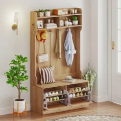 4-in-1 Garderobenbaum Eingangsbank mit Garderobe & Klappschubladen Bauernhaus-Aufbewahrungsorganizer Natur
