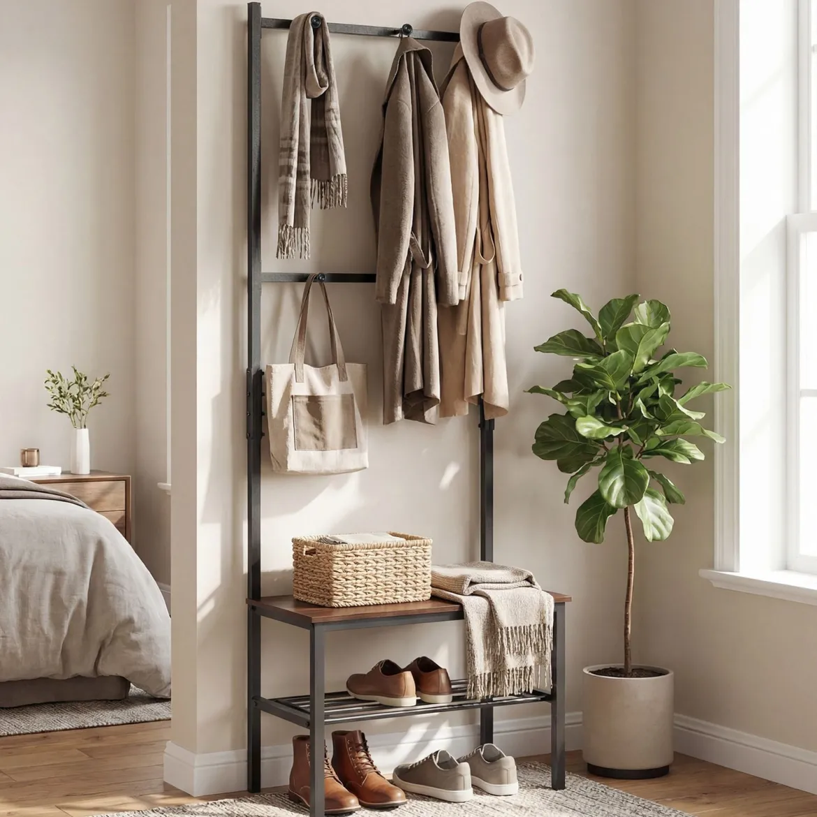 3-in-1 Garderobenständer mit Haken Schuhbank und Regal 60 × 30 × 166 cm Rustikalbraun