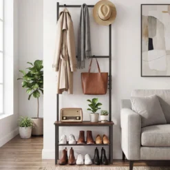 3-in-1 Garderobenständer mit Haken Schuhbank und Regal 60 × 30 × 166 cm Rustikalbraun