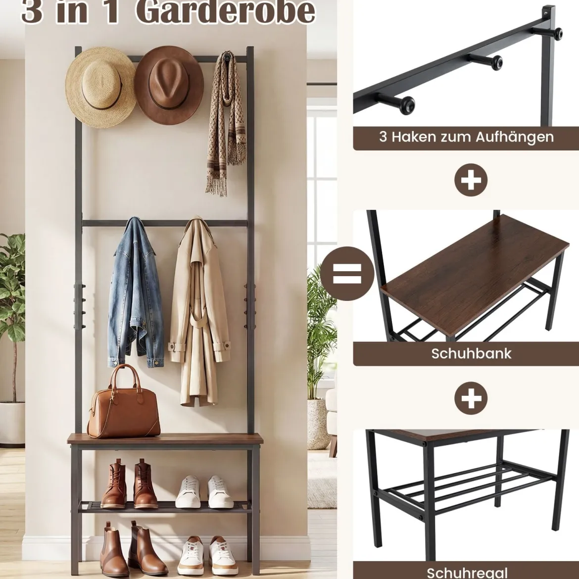 3-in-1 Garderobenständer mit Haken Schuhbank und Regal 60 × 30 × 166 cm Rustikalbraun