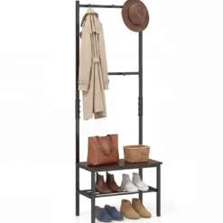 3-in-1 Garderobenständer mit Haken Schuhbank und Regal 60 × 30 × 166 cm Rustikalbraun
