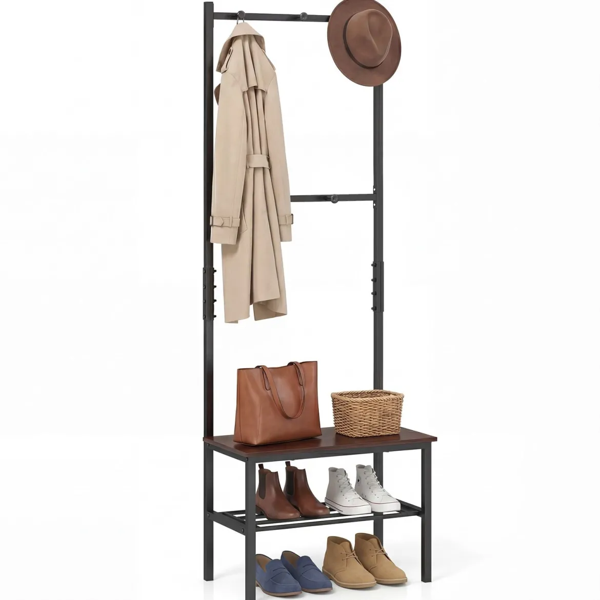 3-in-1 Garderobenständer mit Haken Schuhbank und Regal 60 × 30 × 166 cm Rustikalbraun