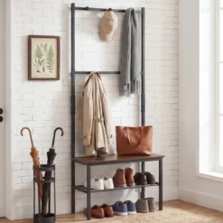 3-in-1 Garderobenständer mit Haken Schuhbank und Regal 60 × 30 × 166 cm Rustikalbraun