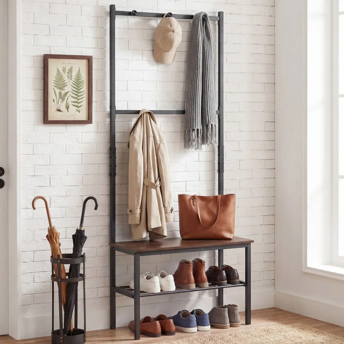 3-in-1 Garderobenständer mit Haken Schuhbank und Regal 60 × 30 × 166 cm Rustikalbraun