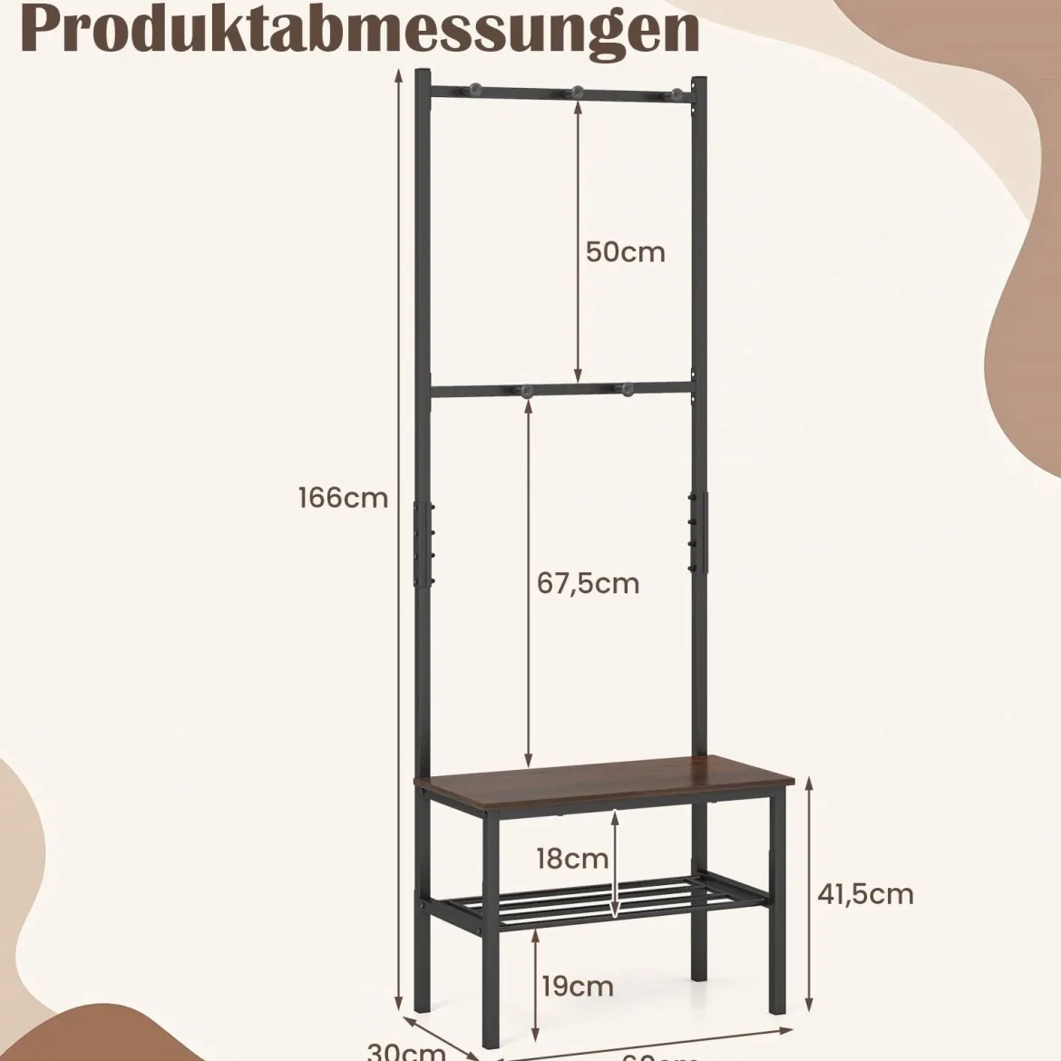 3-in-1 Garderobenständer mit Haken Schuhbank und Regal 60 × 30 × 166 cm Rustikalbraun