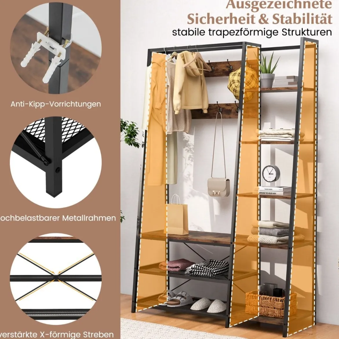 5 in 1 Garderobenständer mit Schuhbank & 9 Haken & 5 Seitenablagen & 2 Gitterregalen