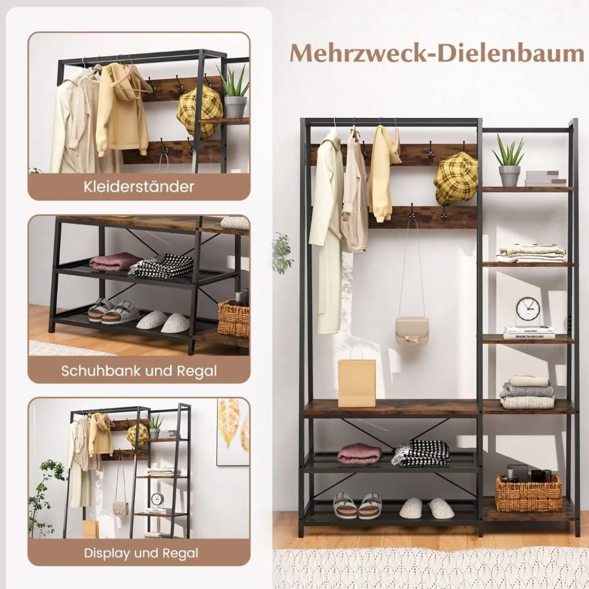 5 in 1 Garderobenständer mit Schuhbank & 9 Haken & 5 Seitenablagen & 2 Gitterregalen