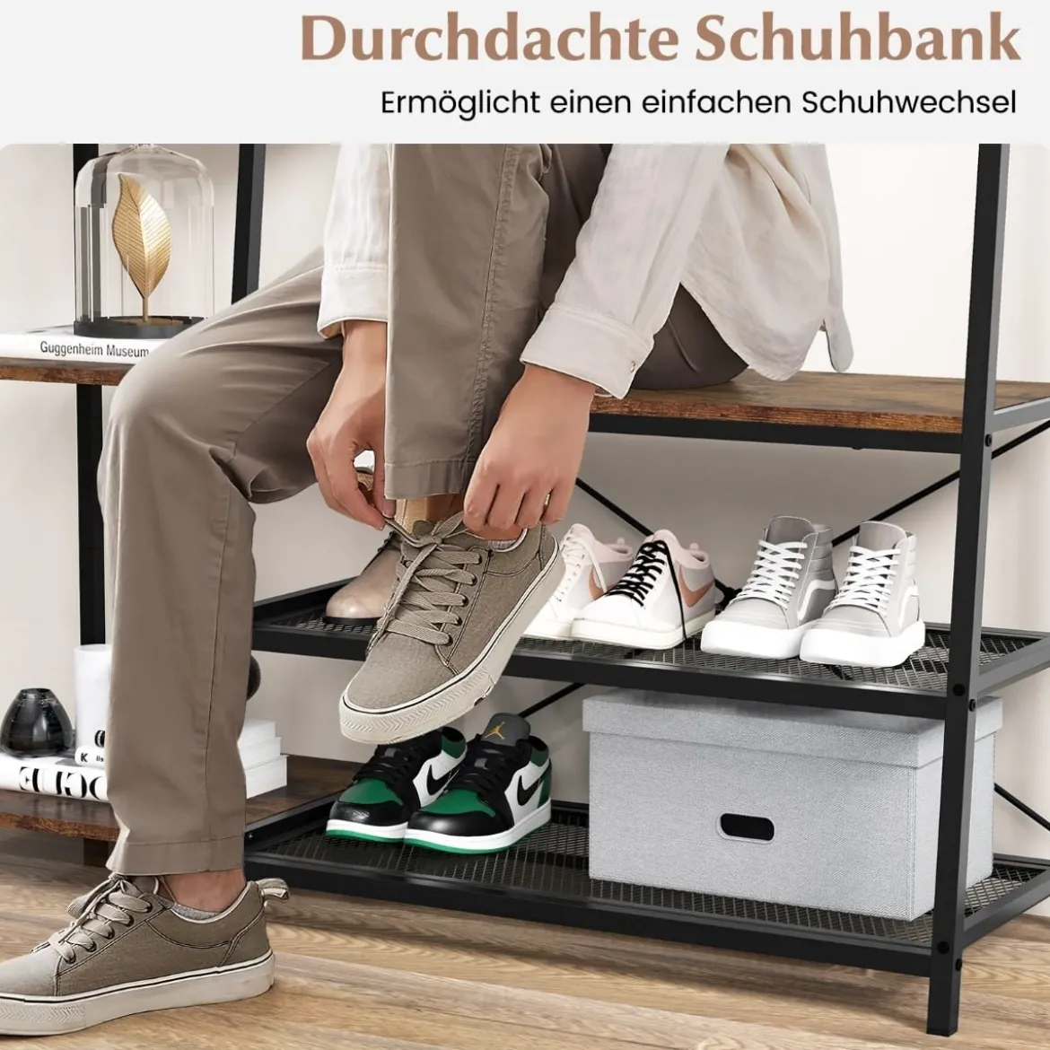 5 in 1 Garderobenständer mit Schuhbank & 9 Haken & 5 Seitenablagen & 2 Gitterregalen