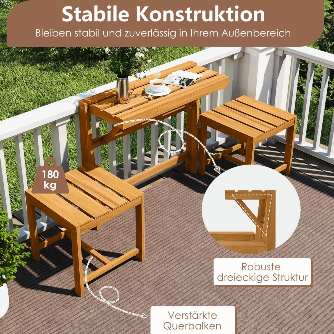 2 in 1 Gartenbank aus Akazienholz Gartentisch mit Sitzbank 2-Sitzer Holzbank Sitzgruppe für Terrasse