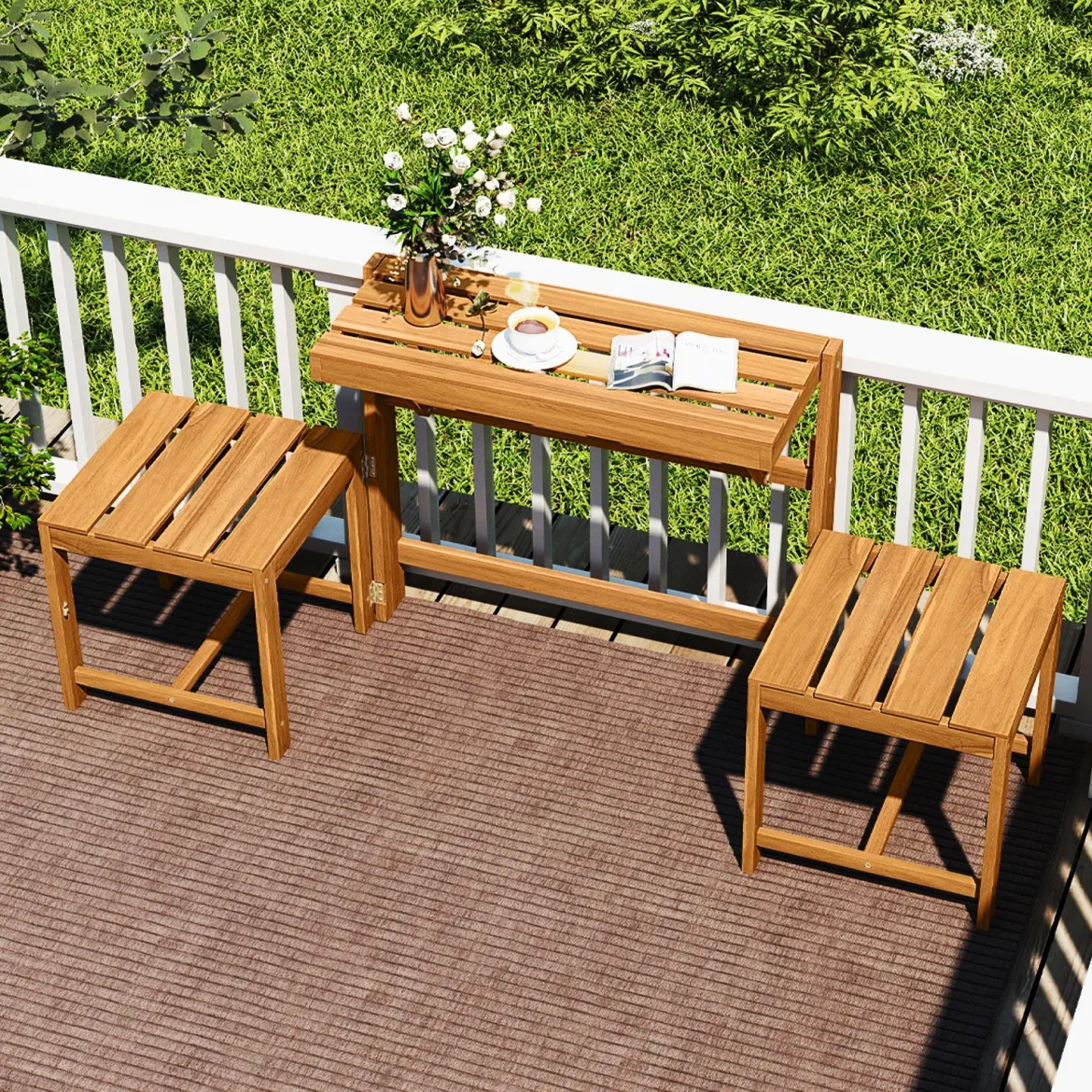 2 in 1 Gartenbank aus Akazienholz Gartentisch mit Sitzbank 2-Sitzer Holzbank Sitzgruppe für Terrasse