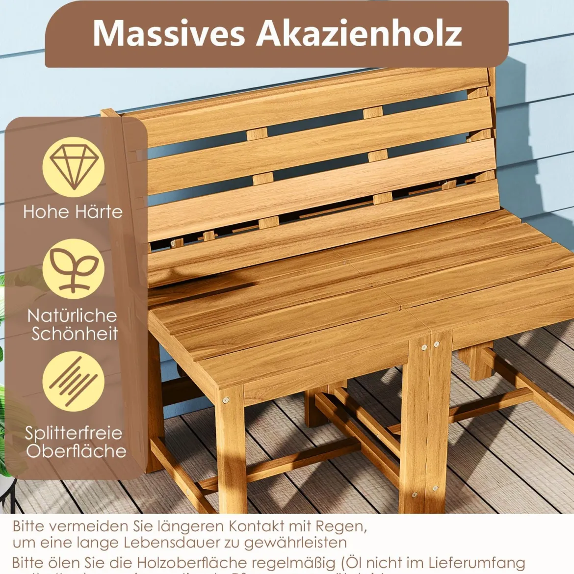 2 in 1 Gartenbank aus Akazienholz Gartentisch mit Sitzbank 2-Sitzer Holzbank Sitzgruppe für Terrasse