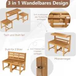 2 in 1 Gartenbank aus Akazienholz Gartentisch mit Sitzbank 2-Sitzer Holzbank Sitzgruppe für Terrasse