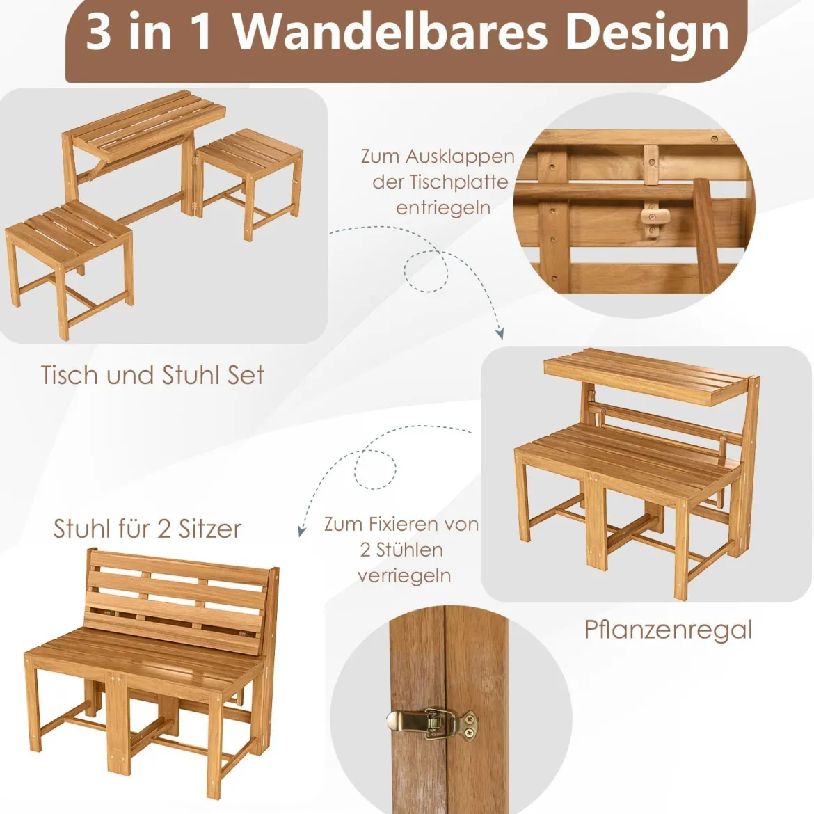 2 in 1 Gartenbank aus Akazienholz Gartentisch mit Sitzbank 2-Sitzer Holzbank Sitzgruppe für Terrasse