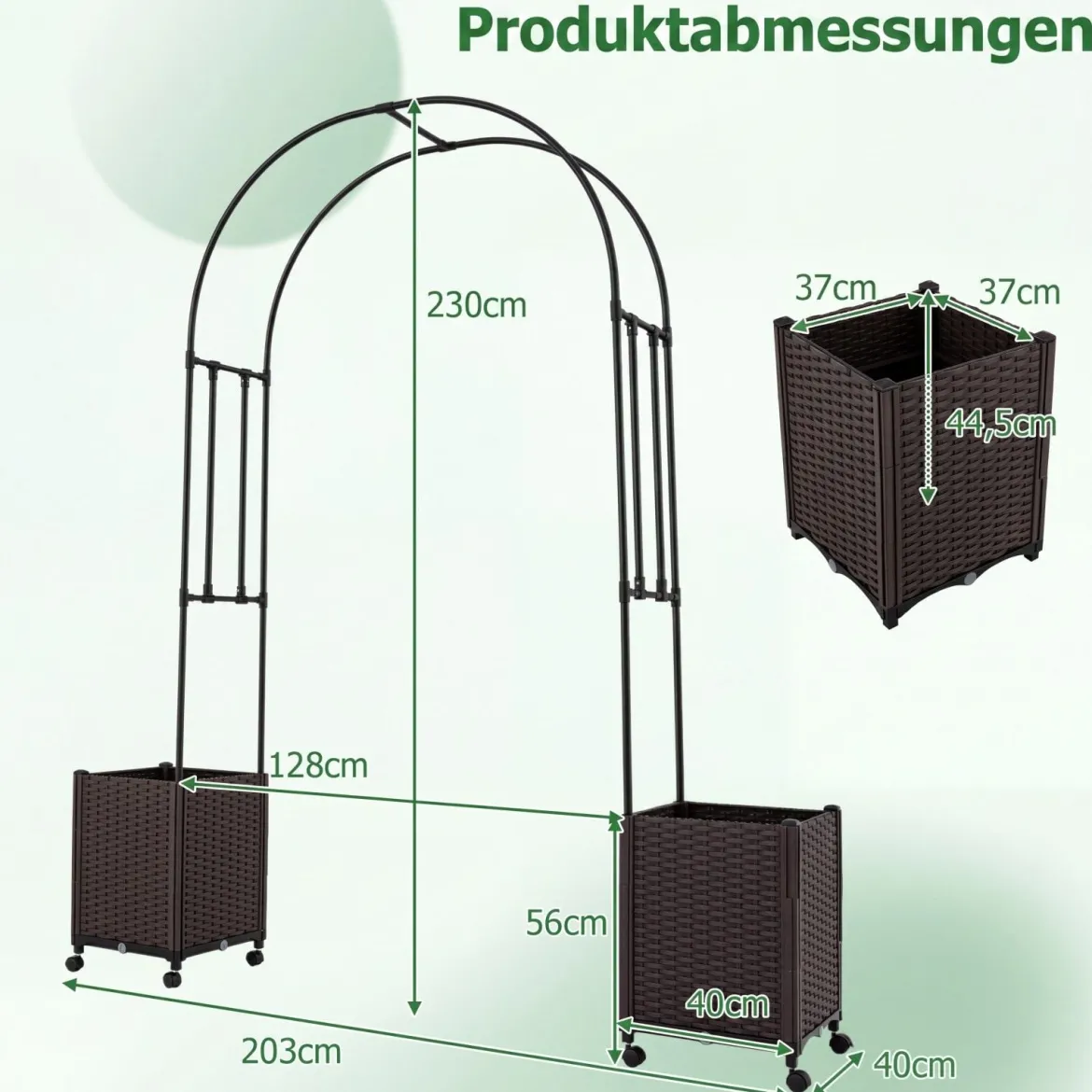 2 in 1 Gartenbogen 230 cm Rosenbogen mit 2 Selbstbewässerungs-Pflanzkästen