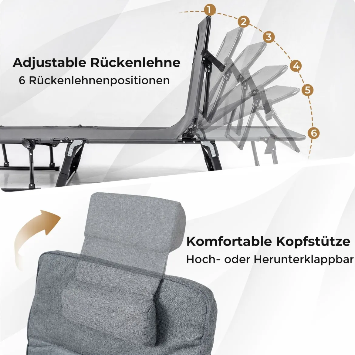 3 in 1 Gartenliege mit Kopfstütze & Verstellbarer Rückenlehne Klappbare Sonnenliege 185 x 60,5 x 38 cm
