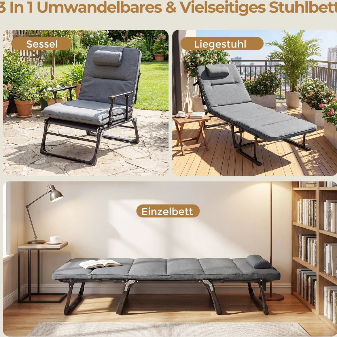 3 in 1 Gartenliege mit Kopfstütze & Verstellbarer Rückenlehne Klappbare Sonnenliege 185 x 60,5 x 38 cm