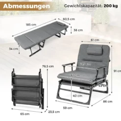 3 in 1 Gartenliege mit Kopfstütze & Verstellbarer Rückenlehne Klappbare Sonnenliege 185 x 60,5 x 38 cm