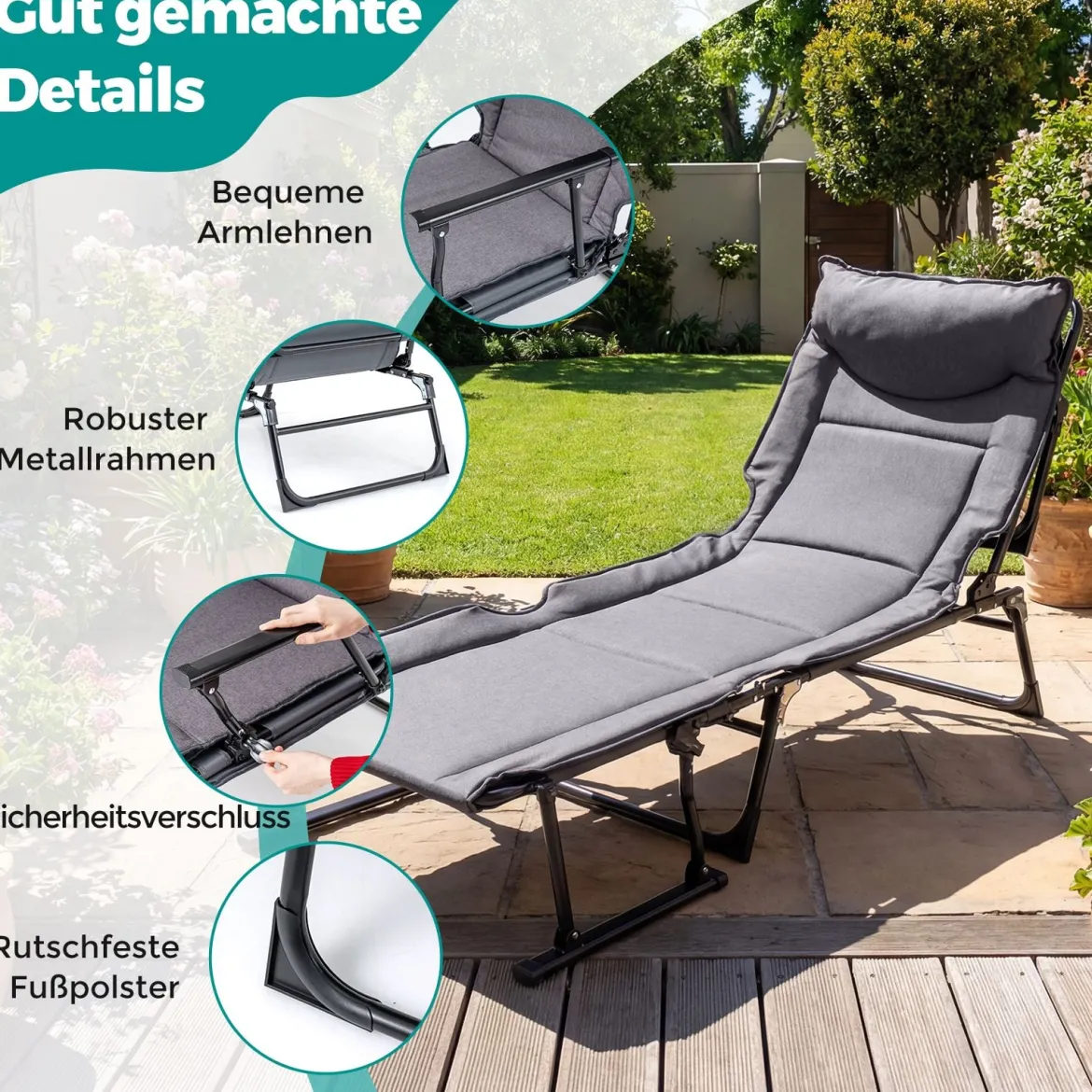 3 in 1 Gartenliege mit Kopfstütze & Verstellbarer Rückenlehne Klappbare Sonnenliege 180 x 67,5 x 37 cm