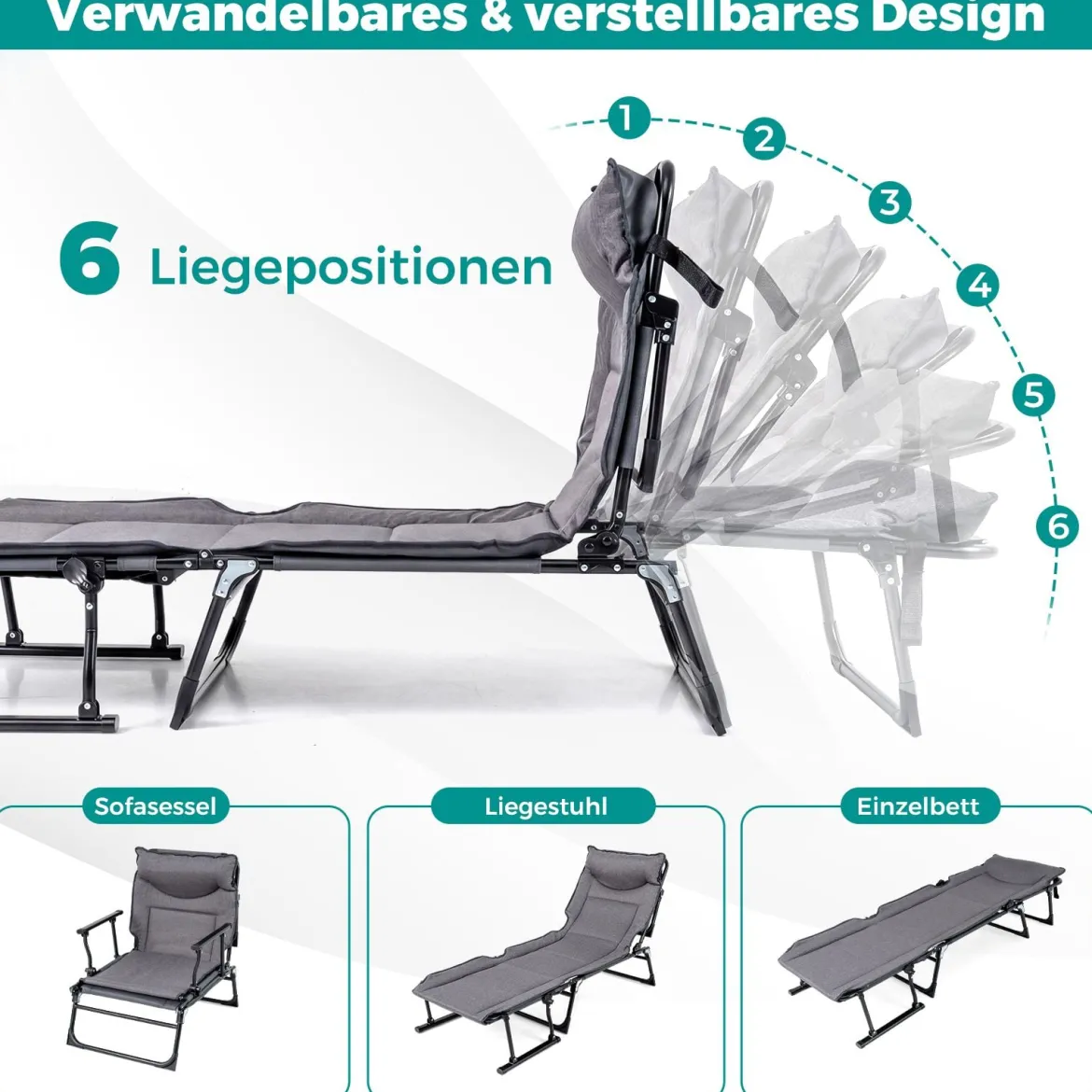 3 in 1 Gartenliege mit Kopfstütze & Verstellbarer Rückenlehne Klappbare Sonnenliege 180 x 67,5 x 37 cm