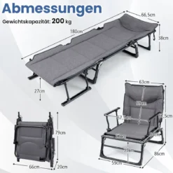 3 in 1 Gartenliege mit Kopfstütze & Verstellbarer Rückenlehne Klappbare Sonnenliege 180 x 66,5 x 38 cm