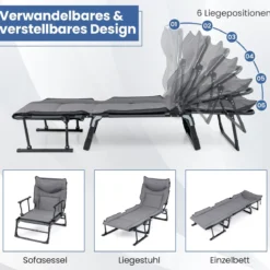3 in 1 Gartenliege mit Kopfstütze & Verstellbarer Rückenlehne Klappbare Sonnenliege 180 x 66,5 x 38 cm