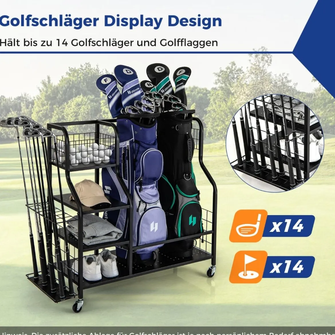 4 in 1 Golf Organizer mit Haken & Korb Golfschläger-Organizer mit Rollen