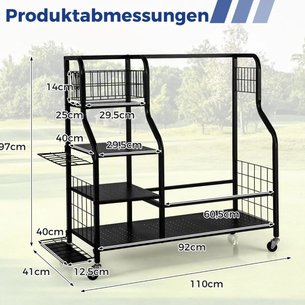 4 in 1 Golf Organizer mit Haken & Korb Golfschläger-Organizer mit Rollen